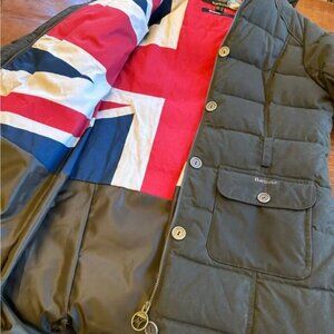Barbour Union Jack Puffer Parka, Olive Green, Size 10